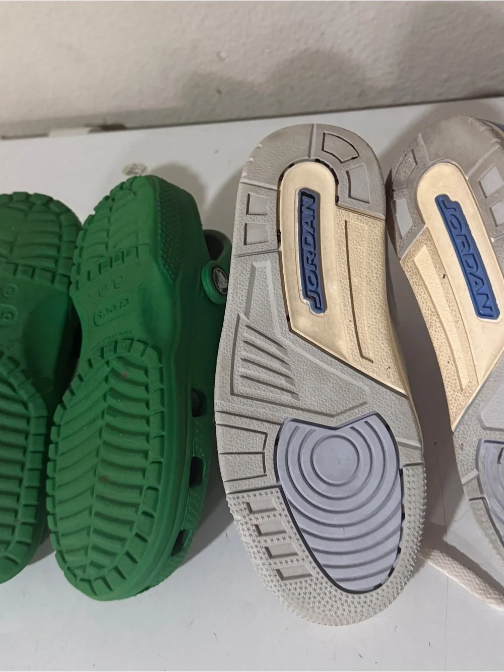 Jordan Kids White and Light Blue Leather Sneakers and crocs  BOTH FOR $40